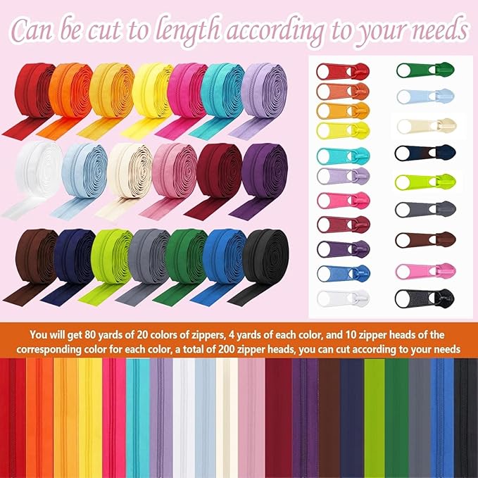 Amtvuzy 80 Yards 20 Colors Zipper,#5 Nylon Coil Zippers Bulk for Sewing,DIY Crafts and Tailoring with 200 Zipper Sliders,Zippers by The Yard for Clothes,Bags and Purse Making Supplies,etc.