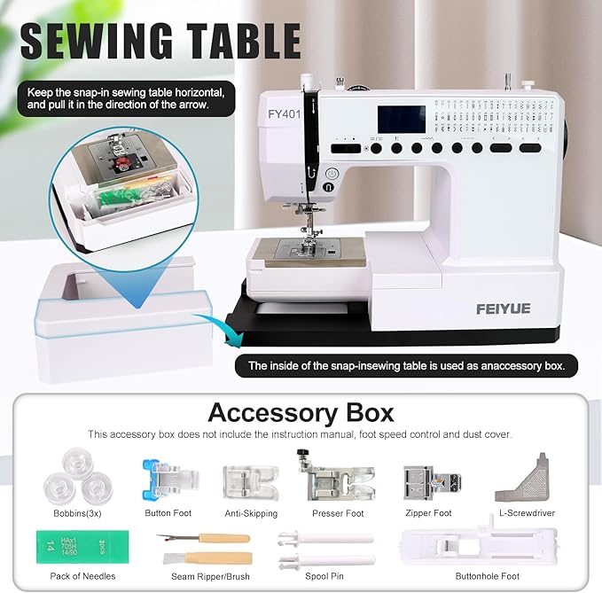 FEIYUE FY401 Electronic Sewing Machine, 60 Stitches, Digital LCD, Easy One-Touch Operation, Portable & Versatile for Beginners and Crafters, Home Sewing & DIY Projects