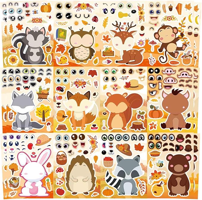 24 Sheets Fall Stickers for Kids Toddlers, Autum Animal Stickers Make-a-face Sticker Make Your Own Sticker 8 Designs of Animal Owl Squirrel Hedgehog Fox Fall Party Decorations Supplies