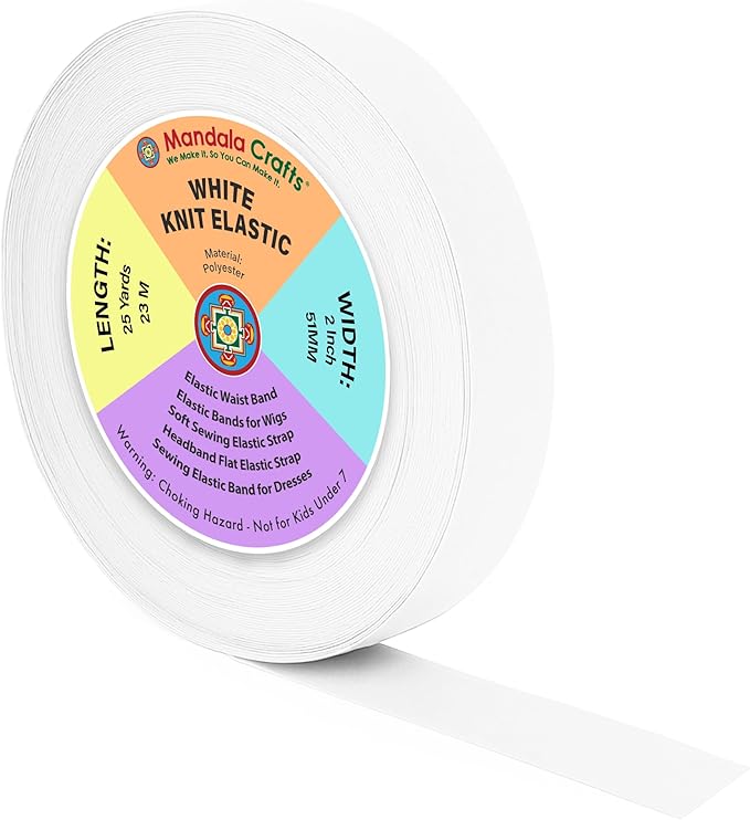 Mandala Crafts Wide 2 Inch White Elastic Bands Spool for Pants Waistbands Sewing and DIY Crafts, 25 YD Stretchy Flat Fabric Strap Knit Elastic Band for Wig