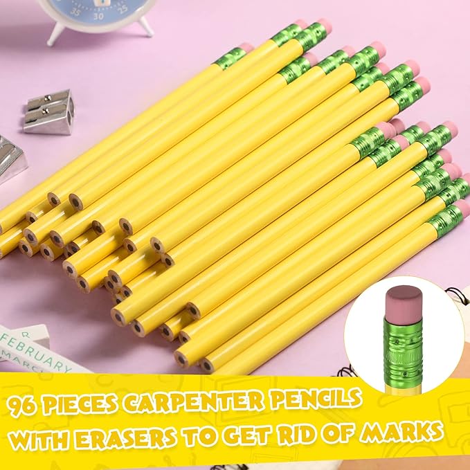 Fainne 102 Pcs Bulk Thick Jumbo Graphite Pencils Set 96 Fat Giant Large Pencils and 6 Sharpeners Enhanced Grip for Art Drafting Writing Drawing Office and Home Use(Yellow,Round)