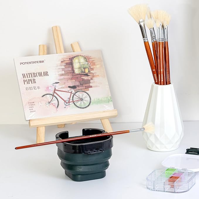 DUGATO Artist Fan Paint Brush Set of 9, White Hog Bristle Natural Hair Anti-Shedding Brush Tips, Long Wooden Handle for Comfortable Holding, Great for Acrylic Oil Painting