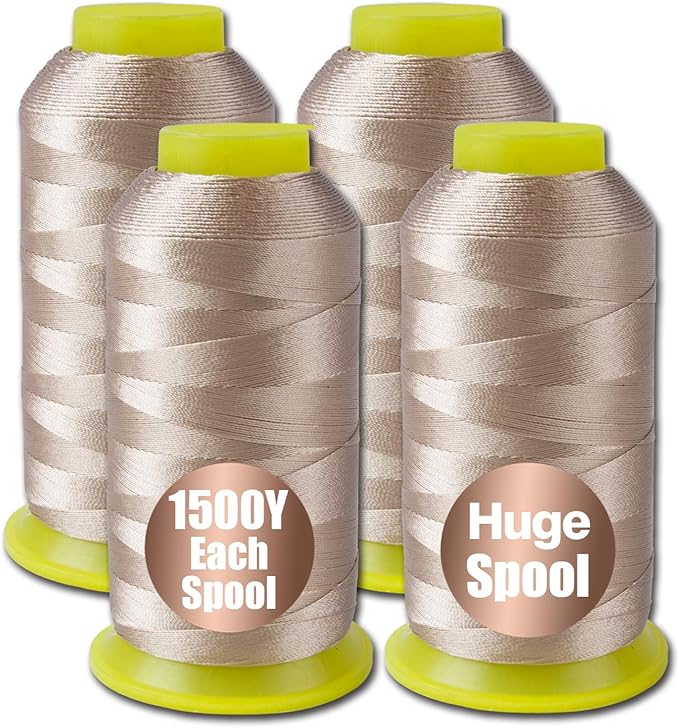 4Pcs Beige Nylon Thread for Sewing,210d/3 Upholstery Thread Heavy Duty,4 Cone of 1500 Yards Each Leather, Weave Needle,Serger Overlock Machine for Sewing Hair