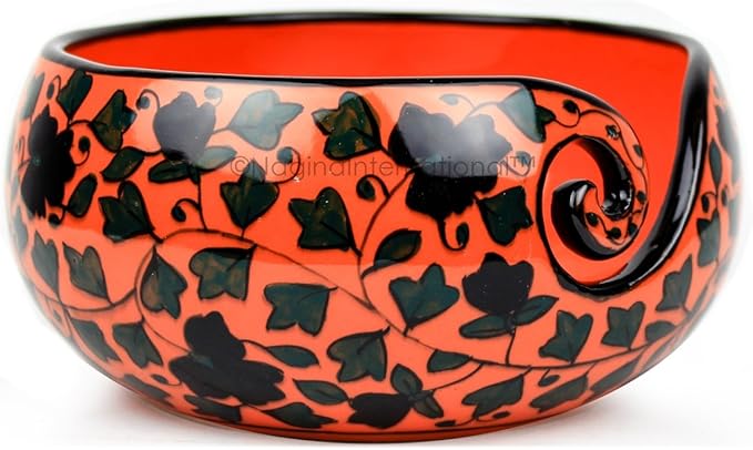 Nagina International Ceramic Attractively Hand Painted Gorgeous Stoneware Yarn Ball Storage Bowl With Innovative Dispensing Curl | Knitting & Crochet Accessions (Medium, Fenugreek Red)