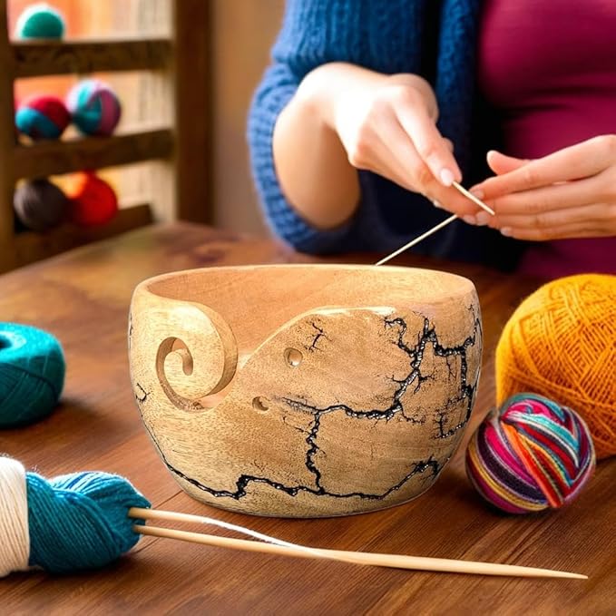 Prime Art Wooden Yarn Bowl for Crochet and Knitting - Large Bowl (Black)