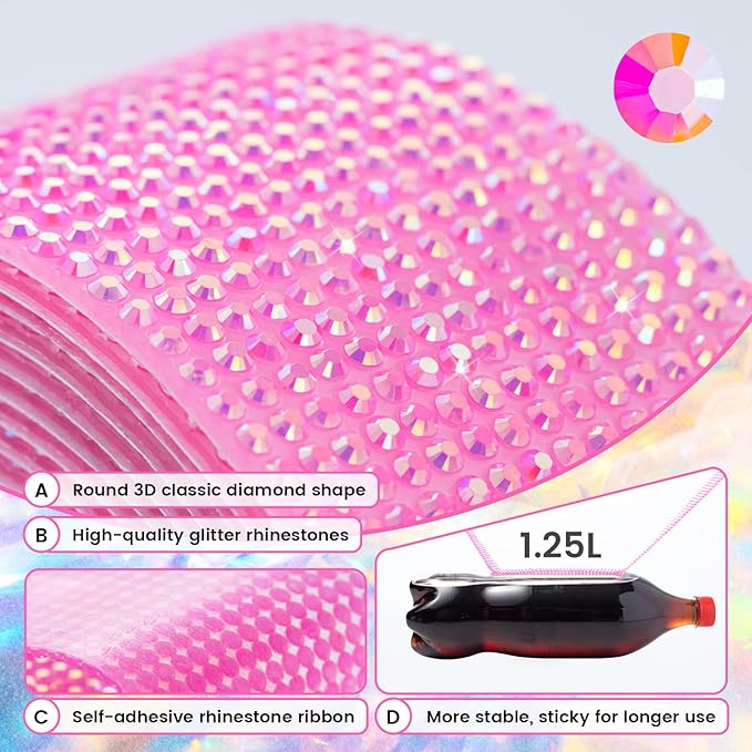 Novani Self Adhesive Rhinestone Ribbon, 1.18 Inch Wide 3 Yards 1 Roll, Hot Pink AB Crystal Diamond Bling Strips for DIY Crafts, Glitter Resin Rhinestones for Crafting, Car Decoration