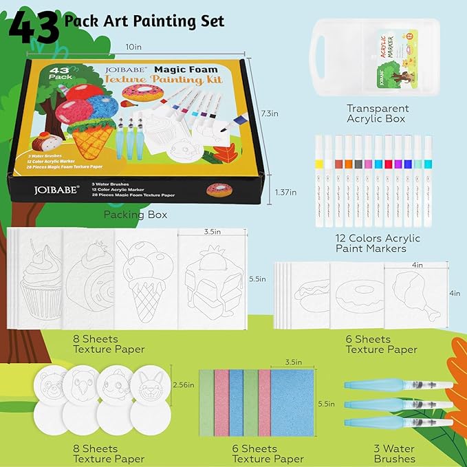 joibabe 43 Pcs Magic Foam Texture Painting Kit, Including 28 Pcs 3D Foam Paper, 12Colors Acrylic Paint Markers, Magic Puffy Paint, DIY Bubble Drawing Art Supplies Kit,Gift for Christmas,Boys,Girls