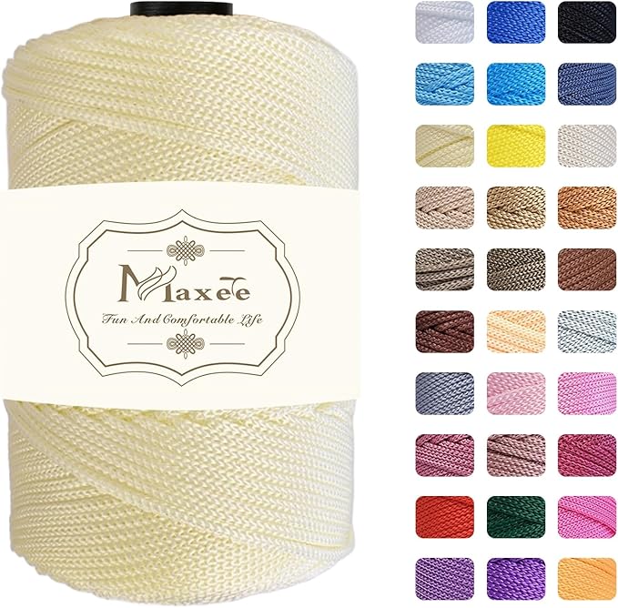 Maxee Premium Polyester Macrame Cord 3 mm × 218 yd,3mm 100% Polypropylene Macrame Cord,Ideal for Crochet, Wall Hangers, Bags, Rugs & DIY Crafts（Milk White）