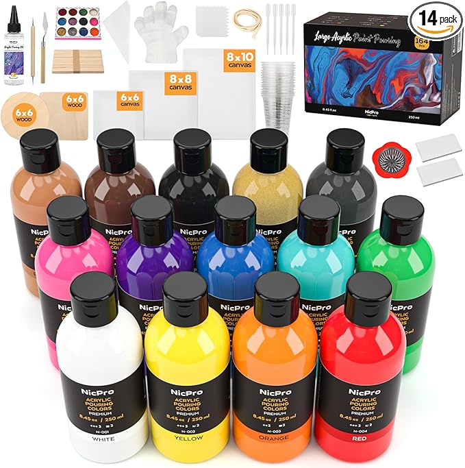 Nicpro 14 Colors 8.45oz Acrylic Pour Paint Supplies Kit, Large Volume Premixed High Flow Painting Bulk Set with Canvas, Wood Natural Slices, Pouring Oil, Tools Gloves, Strainer, Cups for Beginner DIY