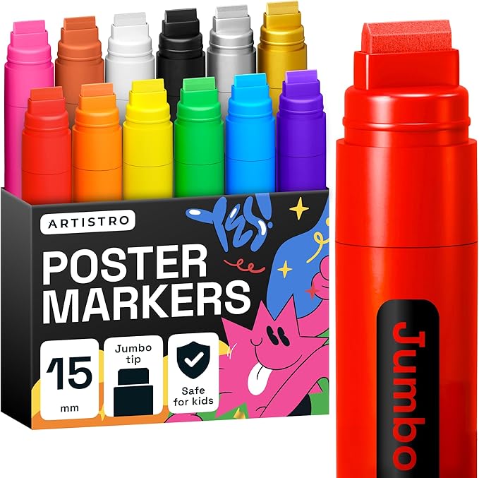 ARTISTRO 12 Jumbo Markers for Poster and Banner, Glass Marking, Rock Painting, Ceramic, Wood, Fabric, Scrapbooking, DIY Craft Making, Coloring - Acrylic Paint Pens with Thick Large Tip