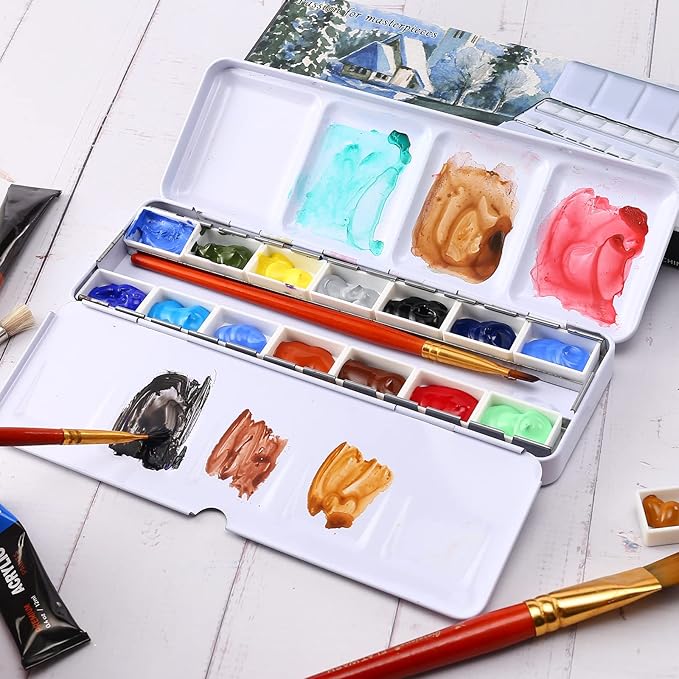 LOONENG Empty Watercolor Palette, Empty Watercolor Tin with Fold Out Palette, Medium Colorful Watercolor Tray Palette with 14 Empty Full Pans for Plein Air Painting and Sketching