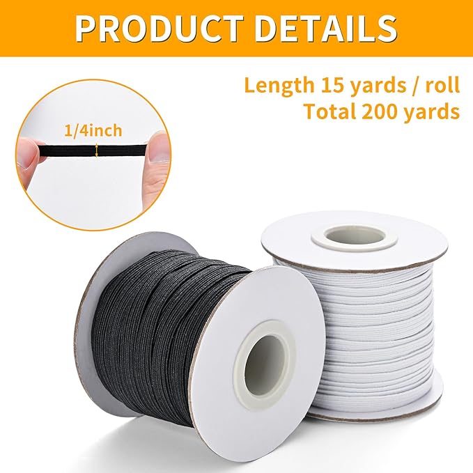 XKDOUS Elastic Band for Sewing, 1/4 Inch 30 Yards 2 Roll Knit Elastic Bands High Elastic Cord for Sewing Waistband and Pants Waist(15 Yard White, 15 Yard Black)