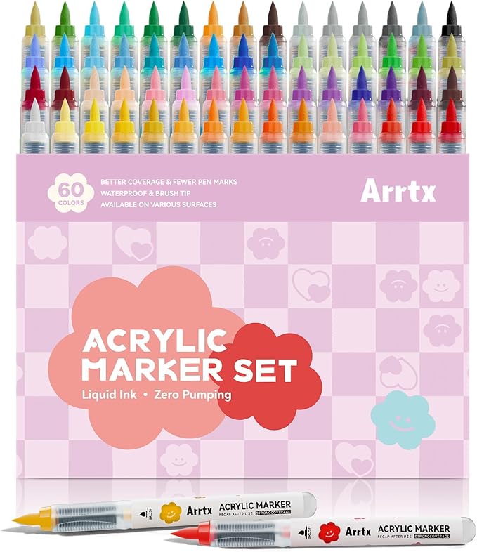 Arrtx 60 Colors Acrylic Markers - Brilliant & Vivid, Water-Based Quick-Dry Ink, Flexible Brush Tip, Waterproof After Drying, Non-Toxic, for DIY Project,Metal,Glass,Fabric,Plastic Multiple Surfaces