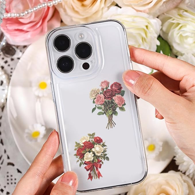 50 Pcs Vintage Red Rose Stickers for Scrapbooking – Retro Floral Clear Botanical Flower Stickers for Journaling, Aesthetic Decor, Collage, Cards Crafts