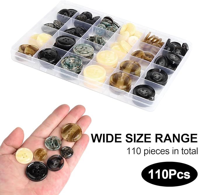 110Pcs Mixed Sewing Buttons, 4-Hole Craft Round Blazer Buttons, 5 Color 3 Size (15mm, 20mm, 25mm) Suit Coats Resin Button, Suitable for Variety Clothing Sewing, DIY Craft (Style A)