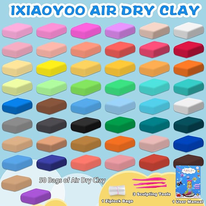Air Dry Clay, 50 Colors Modeling Magic Clay for Kids, Soft & Non-Sticky, Creative DIY School Arts & Crafts Kit, Home Party Favors, Toys Gifts for Age 3 4 5 6 7 8+ Years Old Boys Girls Kids