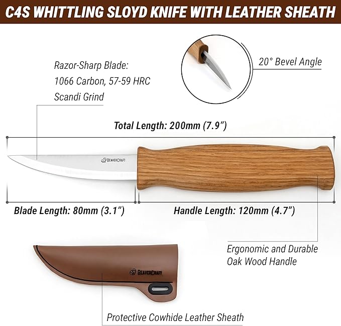 BeaverCraft Wood Carving Sloyd Knife C4s 3" - Whittling Knife with Leather Sheath for Carvers - Chip Wood Carving Tools for Beginner and Profi