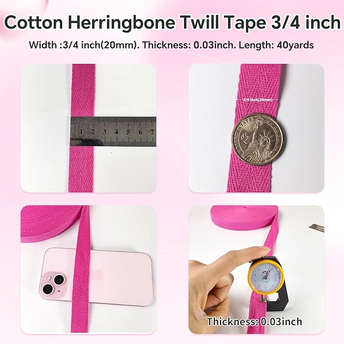 40 Yards Herringbone Twill Tape for Sewing,Pet Collar,Gift Wrapping Home Deco -3/4 inch Rose Cotton Webbing Straps-Natural Bias Binding Tape for Handles, Crafting & DIY Projects