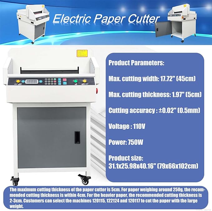 Yokoma Commercial Electric Paper Cutter Guillotine, 17.7in Width and 1.97in Thickness Industrial Paper Trimmer, Numerical Control Stack Card Cutting Machine Infrared Protection for Office and School
