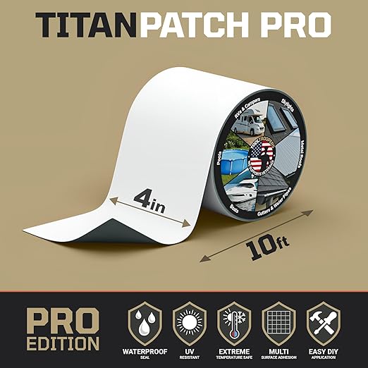 TITANPATCH PRO Waterproof Sealant Tape – White 4" x10' – Stops Leaks Fast & Stays Sealed for 15+ Years – Sticks to RVs, Roofs, Pools, Boats, Gutters – Built for Harsh Weather (-40°F to 190°F)