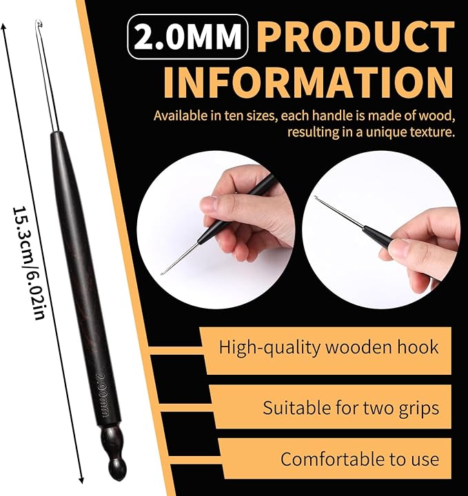 Hssugi Crochet Hooks, 2.0mm Small Crochet Hooks for Arthritic Hands with Wooden Handle, Ergonomic Lace Crochet Needles for Thread Embroidery Knitting Weaving Tool