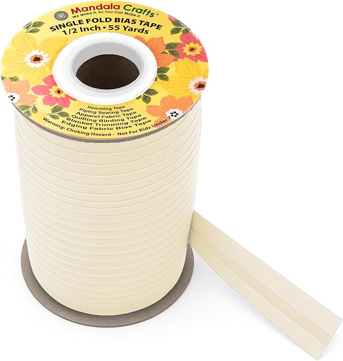 Mandala Crafts 1/2 Inch Single Fold Bias Tape for Sewing, Quilting, Piping, Hemming, Blanket & Quilt Binding – 55 Yards Cream Fabric Seam Binding Tape
