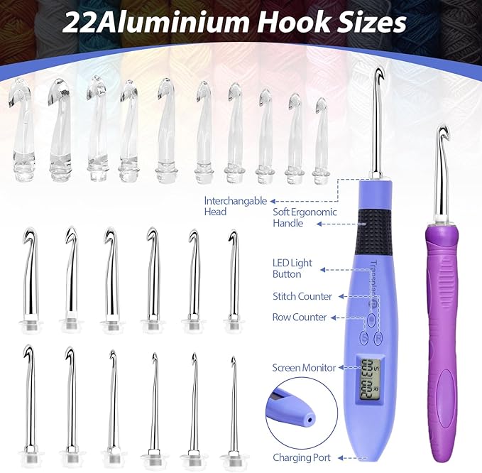 Light up Crochet Hook Set with Stitch Counter Crochet Kit with 22 Different Size Interchangeable Crochet Needle,Ergonomic with 2 Levels Led and Digital Stitch Counter for Crocheting and Knitting