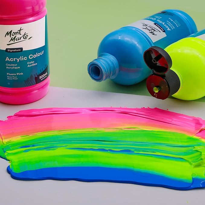 Mont Marte Signature Fluoro Pink Acrylic Paint, 16.9oz (500ml), Semi-Matte Finish, 12 Colors, Suitable for Canvas, Wood, Fabric, Leather, Cardboard, Paper, MDF and Crafts