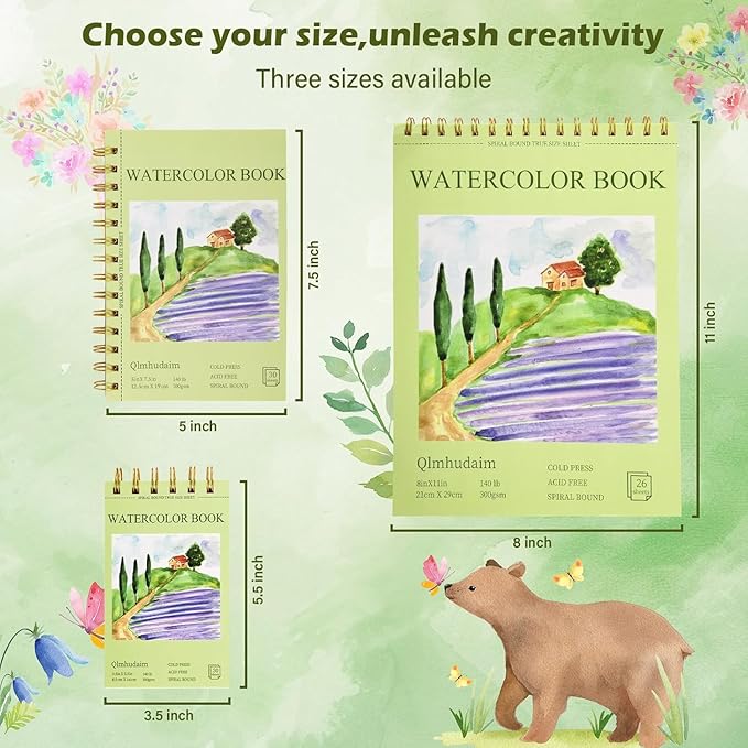 Watercolor Paper Pad 8" x11” (26Sheets, 140lb/300g), Spiral - Bound with Tear - Line. Artist-Grade Mixed Media Sketchbook- Water Color Paper for Adults Kids-Watercolor Sketches,and Art Journals