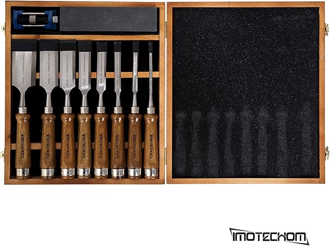 10-Pieces Woodworking Wood Chisel Set with Wooden Box, Honing Guide, Sharpening Stone, Razor Sharp CR-V 60 Steel Blades