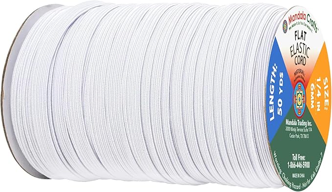 Mandala Crafts 6mm 50 Yds Roll of White Elastic Bands for Sewing - 1/4 Flat Elastics Cord - 1 4 Inch Braided Stretch Straps for Crafting