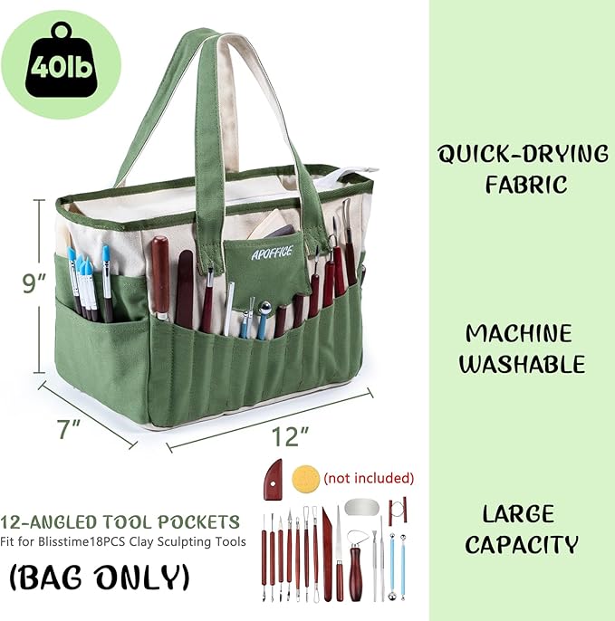 Pottery Tools Bag with Pockets for Clay Sculpting Tools, Ceramic Tools– Art Supply Organizer for Polymer Clay Tools, Craft Tote, Yarn & Crochet Storage, Washable Canvas Artist Bag Gift