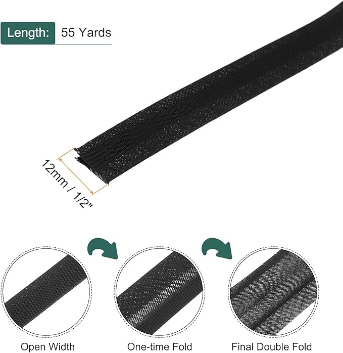 MECCANIXITY 1/2 Inch Double Fold Bias Tape Polyester Continuous Bulk Bias Tape for Sewing,Seaming Quilting Hemming Binding Crafts (Black 55 Yards)