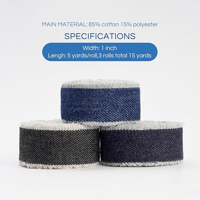 Pretty Jolly Dark Blue Denim Ribbon for Crafts Handmade Rustic Frayed Cotton Jean Fabric Ribbon for Flower Bouquet 15 Yards 1 Inch Cloth Ribbons for Gift Wrapping Hair Sewing Accessories Holiday Decor