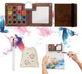 Mini Paint Palette Travel Kit - Mini Travel Watercolor Palette Set, Pocket Artist Water Color Travel Set with Colours, Watercolor Book, Binder Clips, Pens,Wooden Paint Box for Painters Artists Student