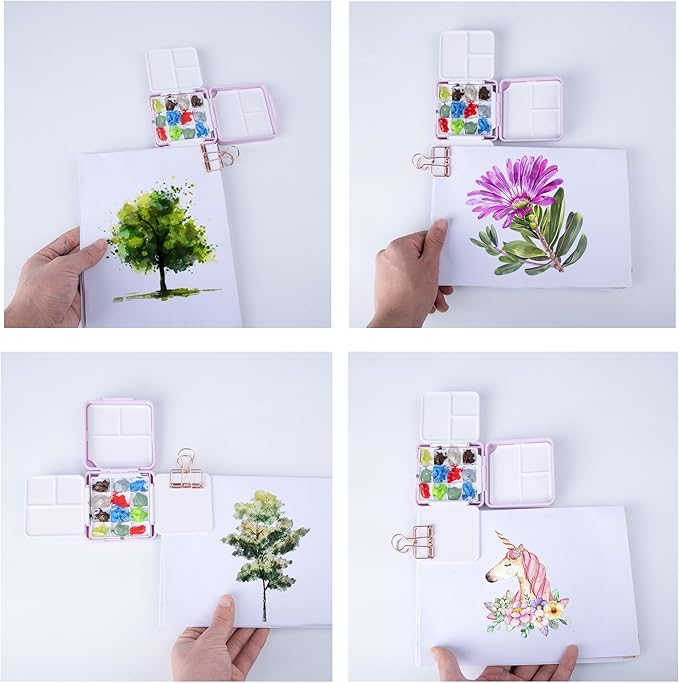 WTYONZEL Travel Pocket Watercolor Set, Artist Outdoor Sketch Kits with 24 Well Palette,3 Foldable Palettes,Clip-on Washing Bucket,Silicone Bag,Ideal for Outdoor Sketch Artists(Purple)