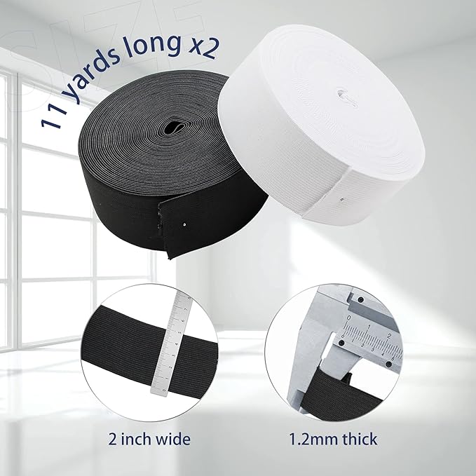 2 Inch Elastic Band for Sewing, Crafts, DIY, High Elasticity, (White 11Yards, Black 11 Yard)