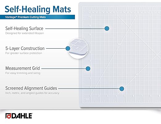 Dahle Vantage 10680 See-Through Premium Self-Healing Cutting Mat, 9"x12", 1/2" Grid, 5 Layers for Max Healing, Perfect for Crafts & Sewing, Clear