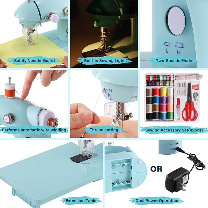 Sewing Machine for Beginners with Expansion Table and Foot Pedal and 42Pcs Sewing kit Finger Guard & Light Mini Small Portable Sewing Machines 2-Thread 2-Speed 2-Switches for Kids Ages 8-12