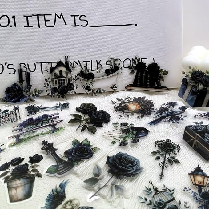 50-Piece Gothic Black Rose Stickers - Vintage Transparent Waterproof Scrapbook Stickers for Journaling, Gothic Decor, Planners - Dark Aesthetic with Floral, Book, Candle, Angel