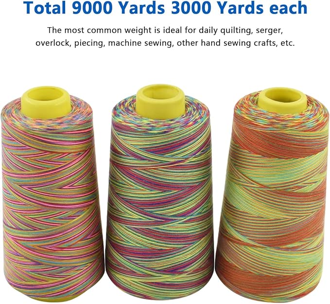 Rainbow Variegated Polyester Sewing Machine Thread - All-Purpose 3 Cones of 3000 Yards Each for Sewing, Quilting, Overlock, Embroidery & Hand Embroidery