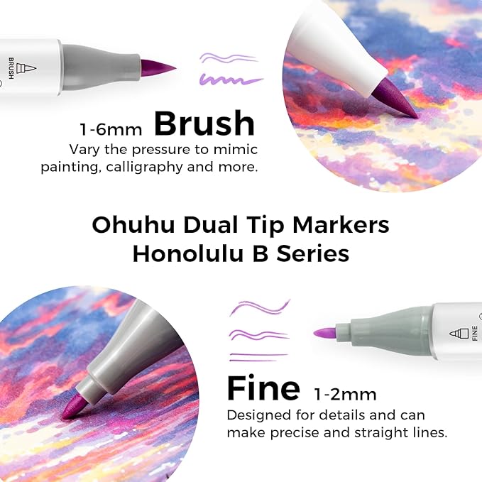 Ohuhu Alcohol Markers Brush Tip- 104-color Double Tipped Alcohol Based Art Marker Set for Artists Adults Coloring Illustration- Honolulu B of Ohuhu Markers- Dual Tip Brush & Fine- Refillable