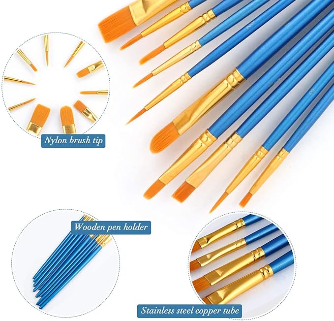 Acrylic Paint Brush Set, 1 Packs / 10 pcs Watercolor Brushes Painting Brush Nylon Hair Brushes for All Purpose Oil Watercolor Painting Artist Professional Kits