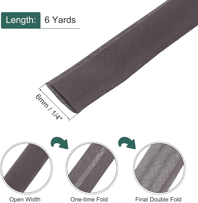 MECCANIXITY 1/4 Inch Double Fold Bias Tape Continuous Bulk Cotton Bias Tape for Sewing Seaming Quilting Hemming Binding Crafts (Dark Brown 6 Yards)