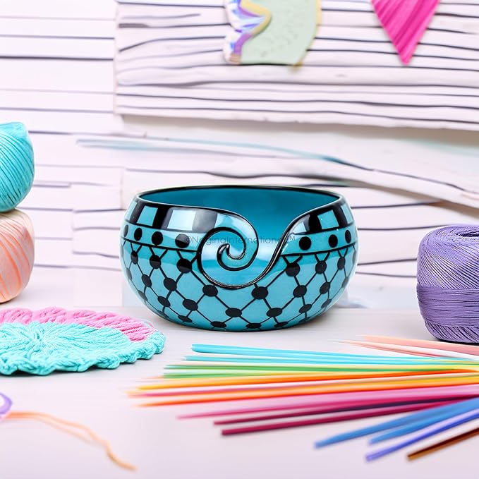 Nagina International Ceramic Attractively Hand Painted Gorgeous Stoneware Yarn Ball Storage Bowl With Innovative Dispensing Curl | Knitting & Crochet Accessions (Medium, Dawn Blue)