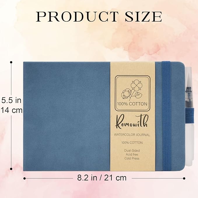 Remowith Leather Cover Watercolor Sketchbook, 9"x5.5" Journal, 300gsm Cold Press Cotton Paper (24 Sheets/48 Pages), Perfect Watercolor Journal for Markers, Pastels, Blue