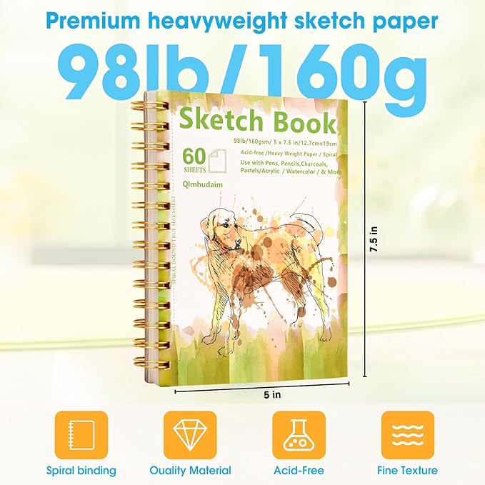Qlmhudaim Art Sketch Book, 5"x7.5", 60 Sheets 160gsm/98lb Acid-Free Paper, Spiral Bound Sketch pad for Crayon, Marker, Color Pencil & Sketching,Multi-Medium Art Notebook for Beginners, Adults &Teens.