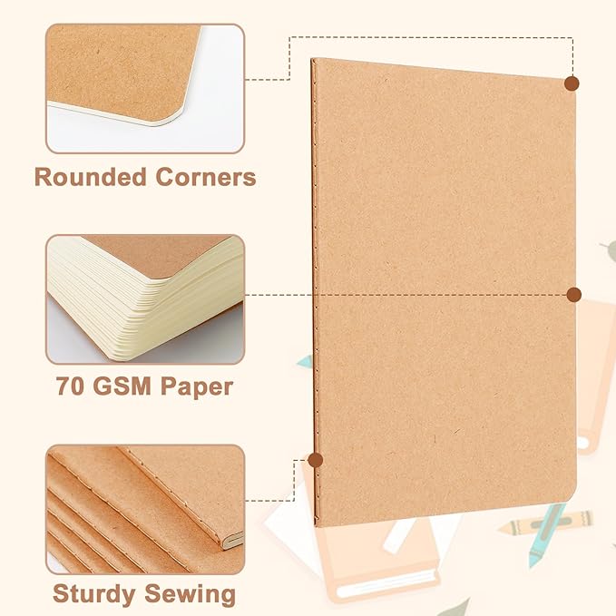 8 Pack Kraft Notebooks Bulk, Blank Travel Journal Set, Unlined Paper Sketchbooks Subject Notebooks, A5 Notebook for Traveler Drawing Writing Office Work, 68 Pages, 34 Sheets, 8” X 5.5”