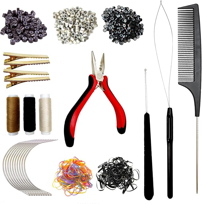 Sew in Hair Extensions Kit, Microlink Tool Kit with 600 Silicone Nano Microbeads, 1 Extension Plier, 3 Rolls of Sewing Thread, 2 Hair Pulling Loops, 10 Crochet Hooks, 4 Clips, 1 Comb, 200 Rubber Bands