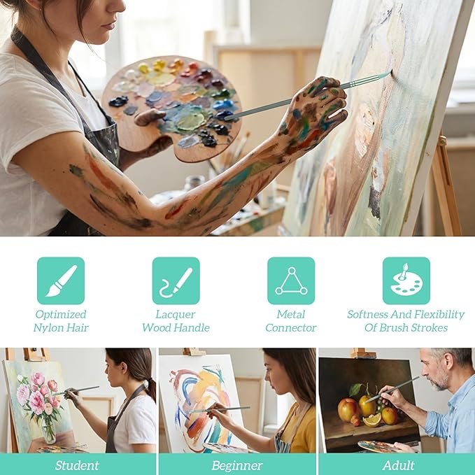 6 Pcs Nylon Hair Brushes for Paint by Number, Acrylic Paints Brush Set Watercolor Brush Oil Painting Round Flat Art Paint Brushes Kit for Beginners Adults with 2/4/6/8/10/¼ Sizes(Green)
